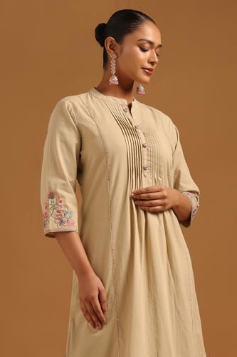 Soch Womens Beige Pure Cotton Solid Kurta Set With Kantha Embroidery