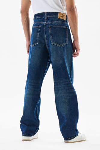 SNITCH Men Jeans Solid Blue Casual Wear | Loose Fit, Turned-Up Cuffs, Classic Blue Wash | 100% Cotton, Mid Rise, Relaxed Thigh, Wide-Leg, Five Pockets, Machine Wash