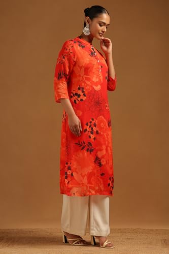 Soch Womens Orange Chinon Floral Kurta