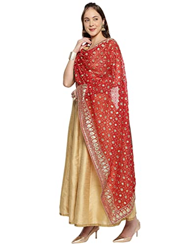 DUPATTA BAZAAR Women's Red Heavily Embroidered Net Dupatta
