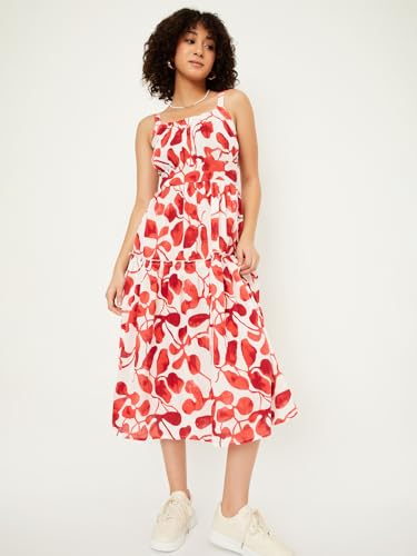 Max Women Printed Tiered Dress, Beige, XL
