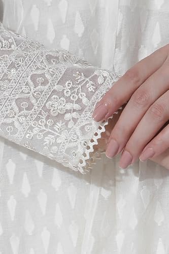 W for Woman Off-White Cotton Blend Anarkali Embroidered Kurta, Straight Pants and Dupatta Set (Size: XL)-24FESP10670-313617