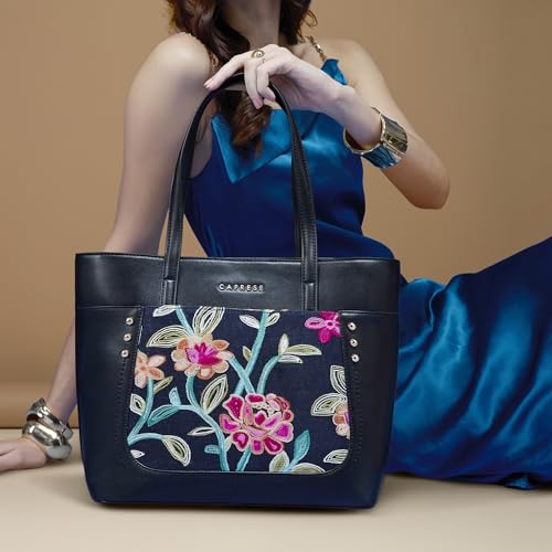 Caprese Elsa Large Tote Bag for Women Comfortable Shoulder Strap | Elegant Floral Embroidery & Solid Faux Leather Handbag | Spacious Multi-Compartment Shoulder Bag for Work & Travel (Black)