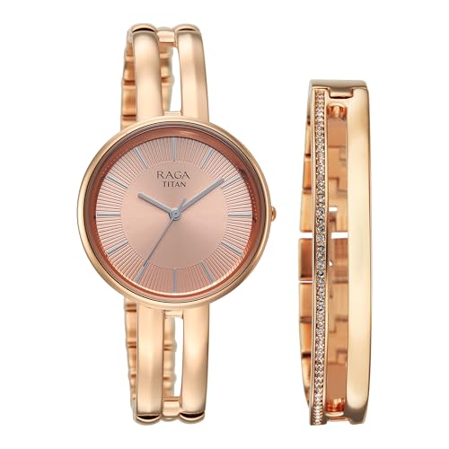 Titan Raga Contempore Rose Gold Dial Brass Strap Watch for Women - 95310WM02F