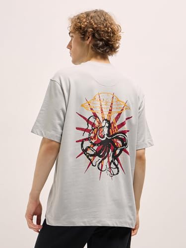 THE BEAR HOUSE Men's Grey Back Printed Oversized T-Shirt