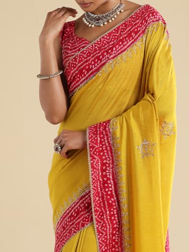 AKHILAM Women's Yellow Vichitra Silk Embroidered Embellished Saree With Unstitched Blouse Piece (ANIKA3801_AG)