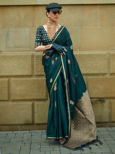 AKHILAM Women's Green Satin Silk Woven Design Saree with Unstitched Blouse Piece (KNTKLS382006_RJ)