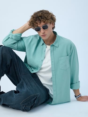 The Souled Store Essential Line: Supima Shirt Men and Boys Full Sleeves Semi-Spread Collar Solid Cotton Regular Fit Lightweight Comfortable All-Season Supima Shirts Turquoise