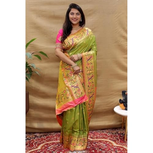 AMIRAT Women's Paithani Silk Woven Zari Saree With Blouse Piece (perrot Green)