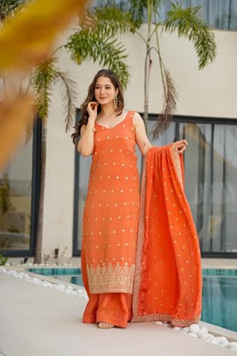 VARNI FABRICS: A lady's First Love Women's Orange Straight Ethnic Chinon Silk Kurta Set With Palazzo And Dupatta, Gold Zari Booti, Sleeveless (IN, Alpha, S, Regular)