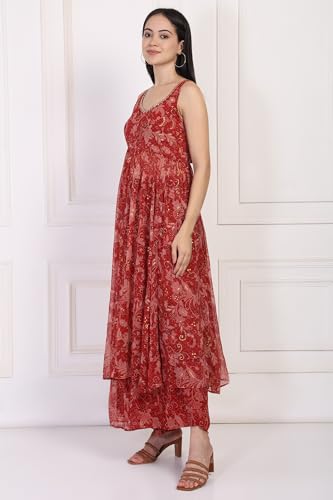 W for Woman Red Floral Print Zari Work Anarkali Chiffon Kurta with Flared Pant and Dupatta Set (WS13165-126056-M)