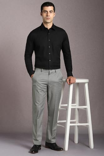 Louis Philippe Men Grey Textured Flat Front Formal Trousers