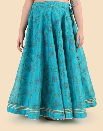 Fabindia Girls Cotton Silk Blend Blue Hand Block Print Round Neck 3Q Sleeves Celebration Regular Fit Lehenga Choli & Dupatta Set