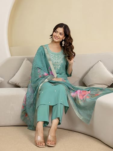 TRENDMALLS Women's Roman Silk Embroidery Kurta Pant with Dupatta Set (G372-Turquoise-3XL-)