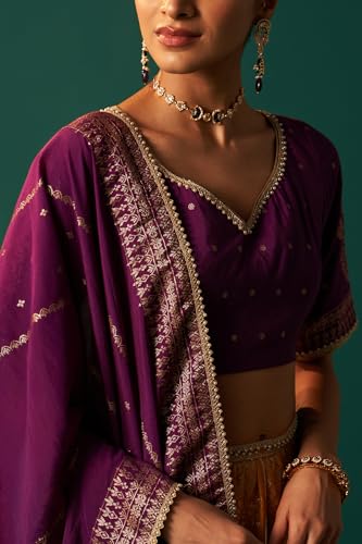 Wishful Women's Purple Embroidered Chanderi Jacquard Blouse with Flared Skirt and Dupatta Set (SP13161-314465-S)