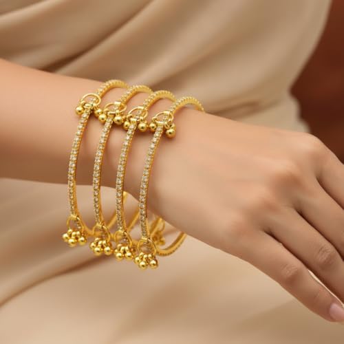 KAYASHA Golden Kashmiri Ghungroo Bangles Set of 4 for Women | American Diamond Stone Gold Tone Chudi | Traditional Ethnic Jewellery for Wedding, Bridal, Daily Wear & Festivals