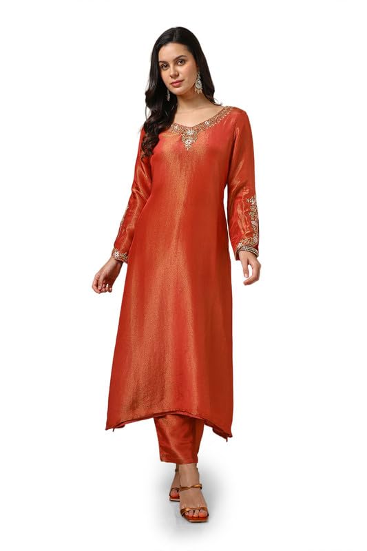 Soch Womens Rust Tissue Embroidered Suit Set With Beads And Stones