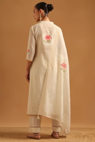 Soch Womens Mustard Linen Printed Stripes Hand Embroidery Salwar Suit
