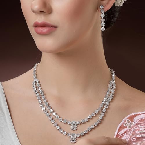 ZENEME Rhodium-Plated American Diamond Studded Star Shaped Layered Necklace With Earrings Jewellery Set For Girls and Women (White)