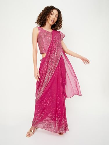Max Women Sequinned Pre-Stitched Saree with Blouse(Pink_XL)