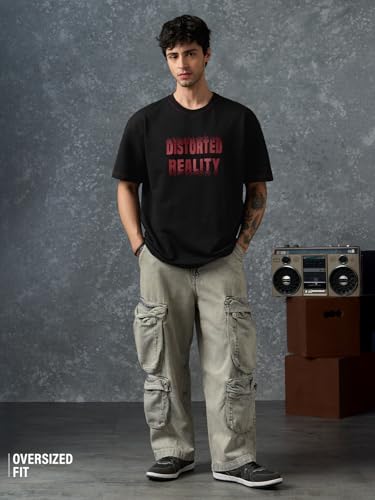 The Souled Store Oversized T-Shirt: Distorted Reality Men and Boys Short Sleeves Round Neck Black Graphic Printed Casual Lightweight Drop Shoulder Streetwear Trendy Oversized T-Shirt