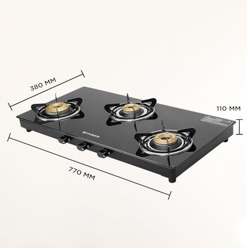 Faber 3 Burner 77cm Cooktop | Black Glass Top | 3 Brass Burners (1 Jumbo + 1 Medium + 1 Small) | SS Drip Tray | Powder Coated Pan Support | COOKTOP Spark 3BB