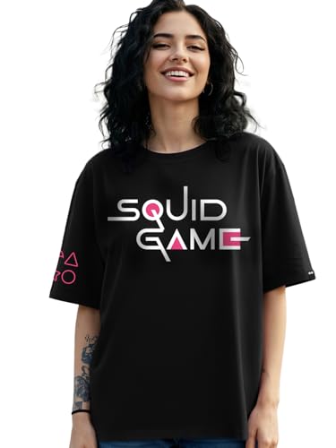 Bewakoof Official Squid Game Merchandise Women's Typography Oversized Fit Half Sleeve Round Neck Cotton Jersey T-Shirt_655109_Black_3XL