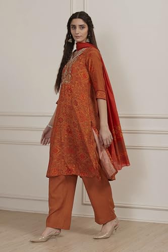 Biba Women Orange Modal Printed Straight Suit Set_32
