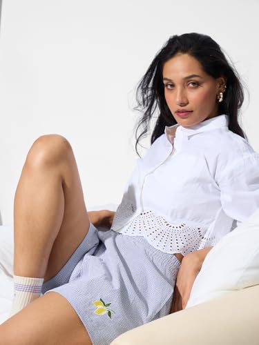 The Souled Store Limoncello Women and Girls Blue Embroidered Above The Knee Cotton Boxer Shorts