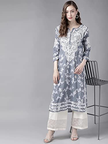 Ada Women Cotton Regular Fit Kurta Hand Embroidered Lucknowi Chikankari Tunic Kurti A411266 (Grey, XS)