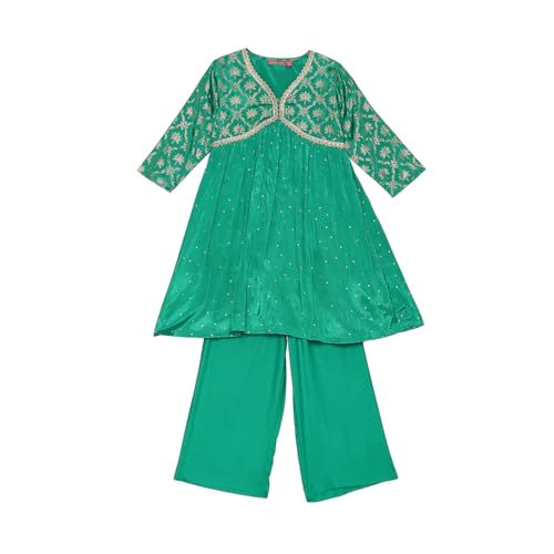 BIBA Girl's Green Viscose Blend Gathered Kurta Set