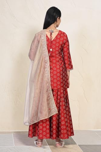 W for Woman Red Bandhni Print Zari Embellished Straight Art Silk Kurta with Sharara and Dupatta Set (WS13171-126692-2XL)