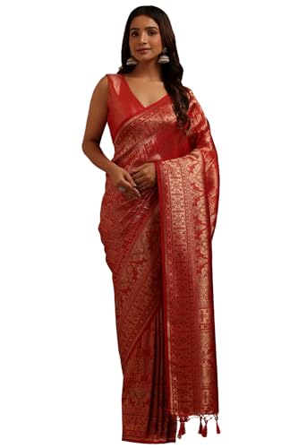 Soch Womens Red Tussar Woven Designs Saree With Zari