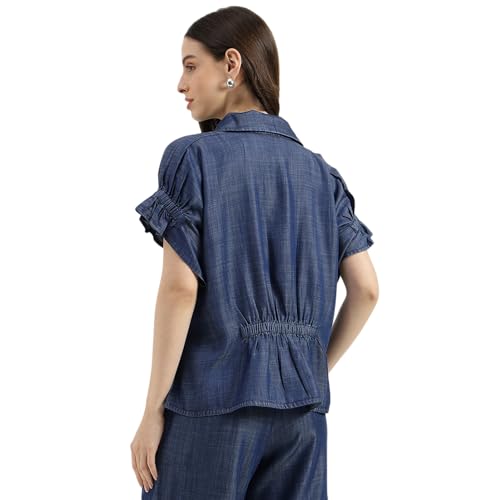 United Colors of Benetton Regular Fit Peter Pan Collar Solid Tencel Top (Size: M) - 26P5TOPTNC02I902 Blue