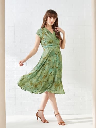 Latin Quarters Women's Green Cap Sleeves V-Neck Printed Casual Midi Dress_XXL