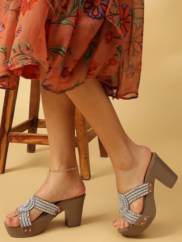 Marc Loire Women’s Embellished Block Heels Slip-On Open Back Fashion Sandals (Khakhi, UK Footwear Size System, Adult, Women, Numeric, Medium, 6)