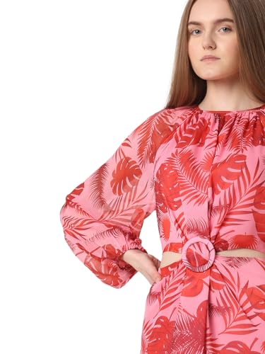 VERO MODA Women Tropical Print Pink Polyester Above Knee Length A-Line Dress