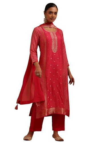 Soch Womens Fuchsia Dola Silk Bandhani Print Suit Set With Sequins