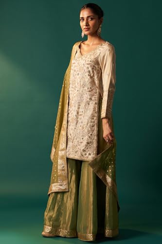 Wishful Women's White Zari Embroidered Tissue Straight Kurta with Sharara and Dupatta Set (SP12834-401055-2XL)