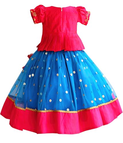 Stanwells Kids Gilrs Lehnga Choli Ruffle Pattern Dress Puff Sleeves Beautiful Ethnic Hand Sequins Embroidery Beautiful Flower Front Traditional Knee Length (SkyBlue & Pink)(12-24months)