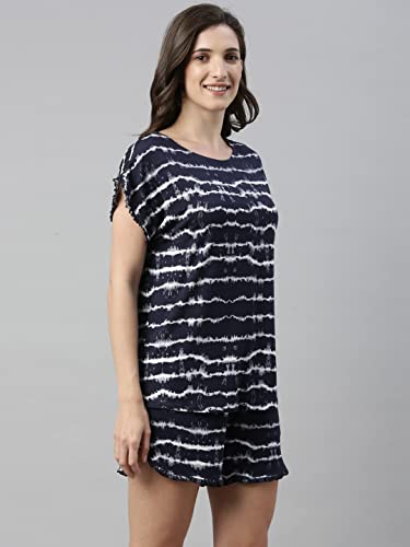 Enamor EC14 Tie & Dye Printed Home Tee and Shorts Set for Women with Ruffled Trim