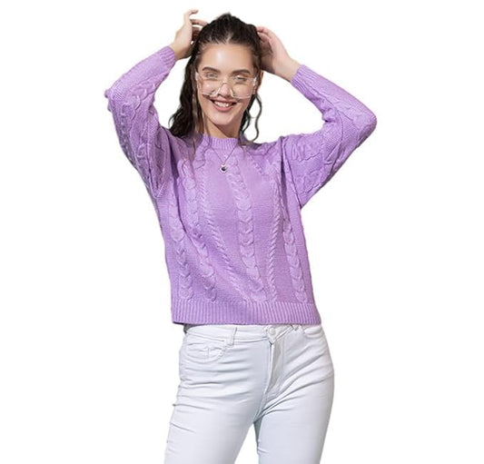 Wear lusso Women Sweater for Winter Woolen Full Sleeves Round Neck Cable Design Stylish Sweater for Winter Season (in, Alpha, L, Lavender)