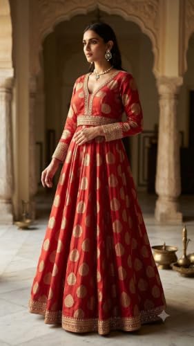 Vaishali Ethnic Women's Red Printed Anarkali Dress with Embroidered Border