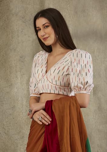 SALWAR STUDIO White Cotton Ikat Puff Sleeve Blouse_VF-0460-WHTE-40