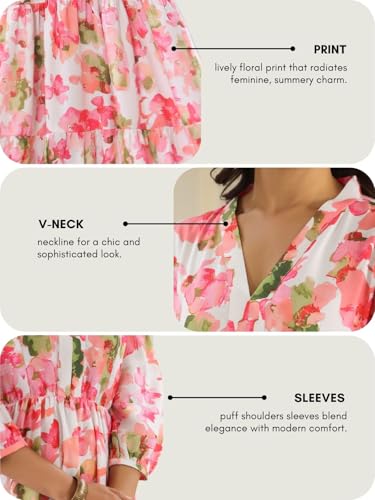 LERIYA FASHION Women's Floral Printed Western Midi Dress | Fit & Flare A-Line Casual Summer Dress with V-Neck & 3/4 Sleeves | Stylish Long Frock for Daily, Party & Office Look Light Pink