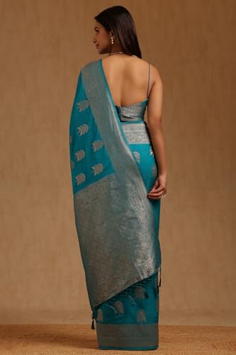 Soch Womens Blue Tussar Floral Zari Woven Saree