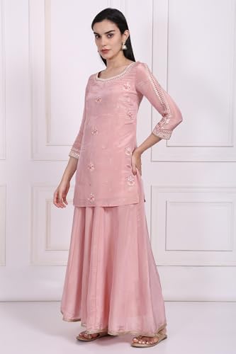 W for Woman Pink Embroidered Zari Embellished Straight Tissue Kurta with Sharara and Dupatta Set (WS13087-224072-S)