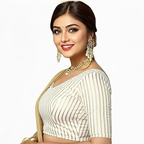 PU Fashion Stylish Latest Katori Design Golden Foil Printed Blouse Stretchable Readymade Saree Blouses for Women Trendy Blouse Special for Festival White Size 34" -, Half Sleeve