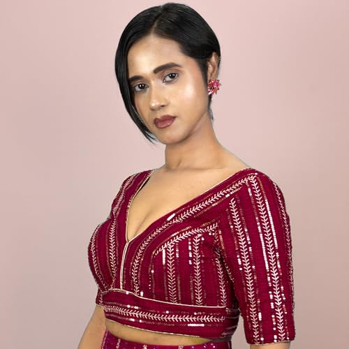 Women's Sequin Embroidered V Neck Elbow Half Sleeve Readymade Saree Blouse Indian Ethnic Designer Stitched Handmade Top Padded Wine Pink Blue White Black | E3