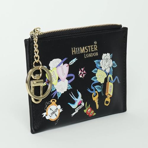 Hamster London Women Leather Millionaire Victoria Card Case with Zip-Black